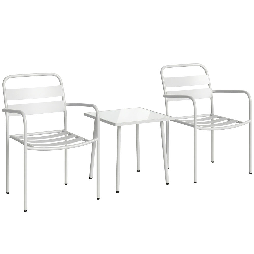 Outsunny conjunto de jardín exterior de 3 piezas, muebles jardín exterior de acero galvanizado con 2 sillas y mesa de vidrio templado, resistente a la intemperie, para balcón, patio, blanco