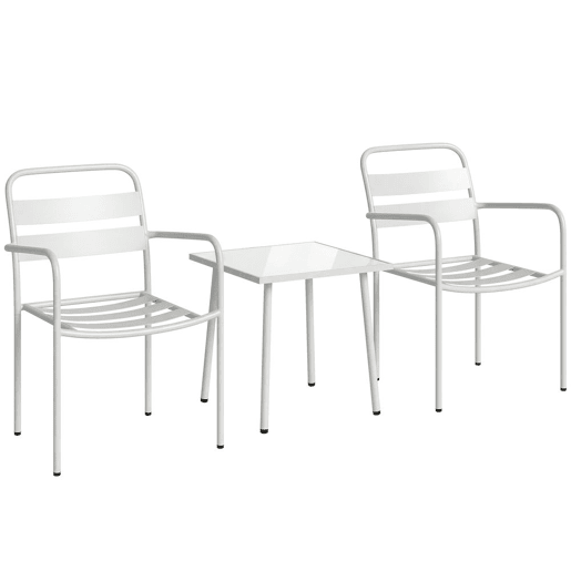 Outsunny Conjunto de Jardim Exterior de 3 Peças Móveis de Jardim em Aço Galvanizado com 2 Cadeiras e Mesa de Vidro Temperado Resistente às Intempéries para Varanda Terraço, Branco