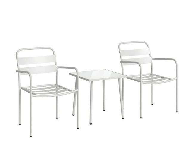Outsunny conjunto de jardín exterior de 3 piezas, muebles jardín exterior de acero galvanizado con 2 sillas y mesa de vidrio templado, resistente a la intemperie, para balcón, patio, blanco