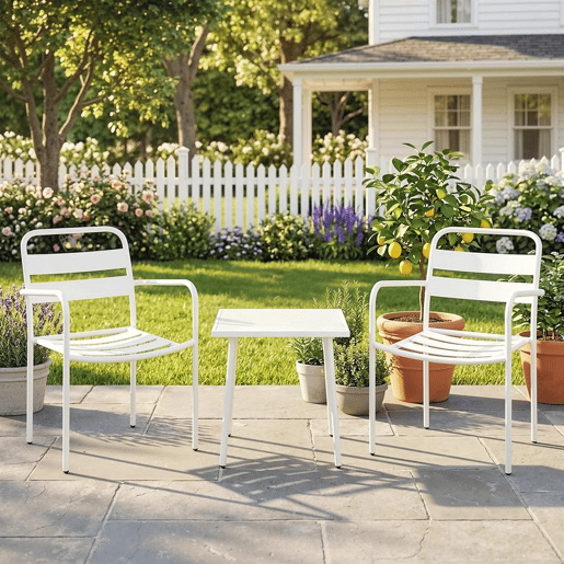 Outsunny Conjunto de Jardim Exterior de 3 Peças Móveis de Jardim em Aço Galvanizado com 2 Cadeiras e Mesa de Vidro Temperado Resistente às Intempéries para Varanda Terraço, Branco