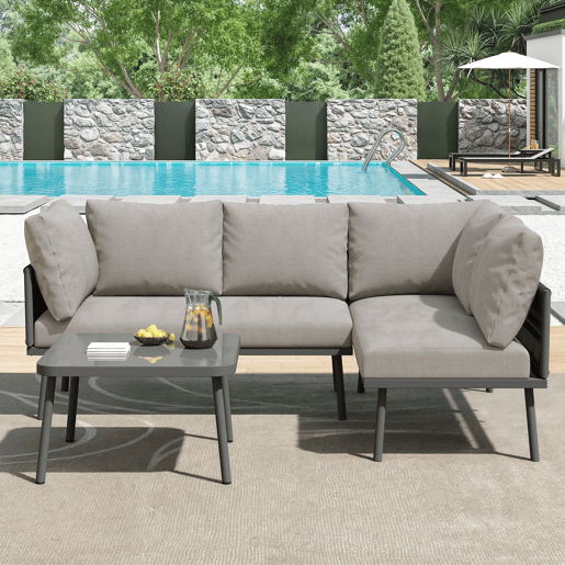 Conjunto de jardim L - Móveis de ferro com corda cinzenta, 2 sofás e 1 mesa - Cinza