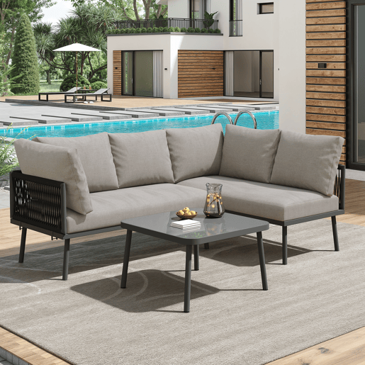 Conjunto de jardim L - Móveis de ferro com corda cinzenta, 2 sofás e 1 mesa - Cinza
