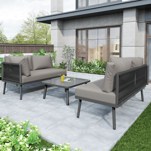 Conjunto de jardim L - Móveis de ferro com corda cinzenta, 2 sofás e 1 mesa - Cinza