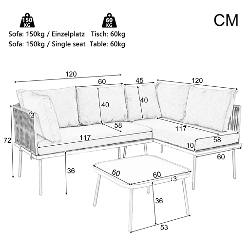 Conjunto de jardim L - Móveis de ferro com corda cinzenta, 2 sofás e 1 mesa - Cinza
