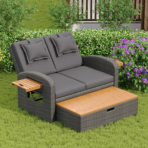 Conjunto de cadeiras de jardim para 2 pessoas - Encosto ajustável, apoio para os pés, com otomano ou como cama exterior - Rattan cinzento