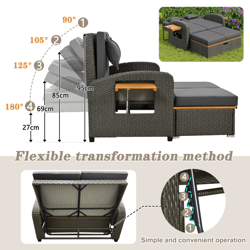 Conjunto de cadeiras de jardim para 2 pessoas - Encosto ajustável, apoio para os pés, com otomano ou como cama exterior - Rattan cinzento