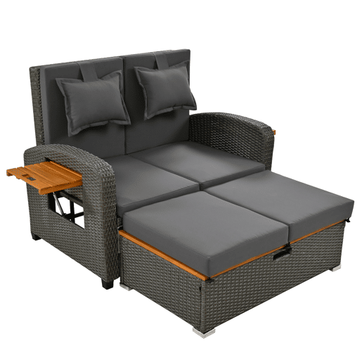 Conjunto de cadeiras de jardim para 2 pessoas - Encosto ajustável, apoio para os pés, com otomano ou como cama exterior - Rattan cinzento
