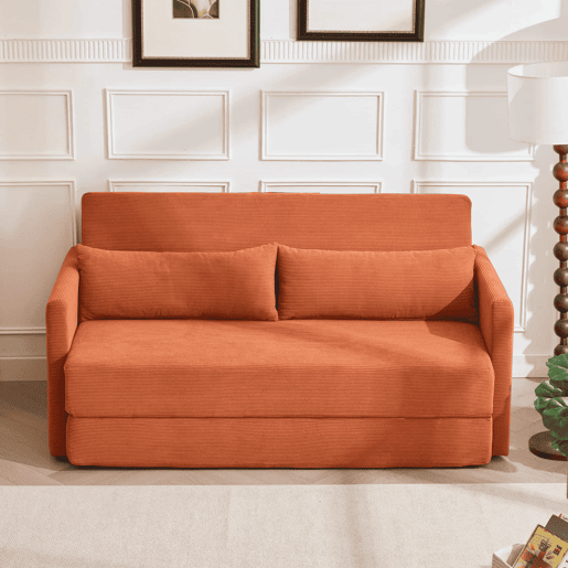 Sofá-cama de 2 lugares 165 x 92 x 82 cm - sofá dobrável 2 em 1, tecido de veludo cotelê, com 2 almofadas lombares e 2 bolsos laterais - laranja Sofá-cama de 2 lugares 165 x 92 x 82 cm - sofá dobrável 2 em 1, tecido de veludo cotelê, com 2 almofadas lombares e 2 bolsos laterais - laranja