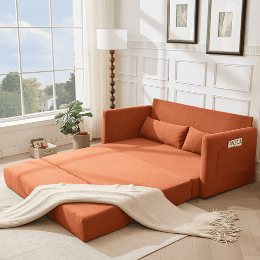 Sofá-cama de 2 lugares 165 x 92 x 82 cm - sofá dobrável 2 em 1, tecido de veludo cotelê, com 2 almofadas lombares e 2 bolsos laterais - laranja Sofá-cama de 2 lugares 165 x 92 x 82 cm - sofá dobrável 2 em 1, tecido de veludo cotelê, com 2 almofadas lombares e 2 bolsos laterais - laranja