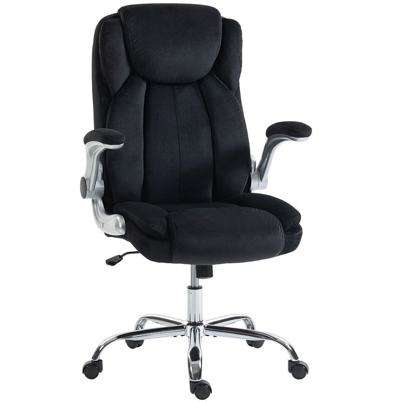 Homcom silla de escritorio ergonómica, silla de oficina con respaldo alto, reposabrazos abatibles, asiento con muelles, altura ajustable, función basculante, tapizado en terciopelo, negro