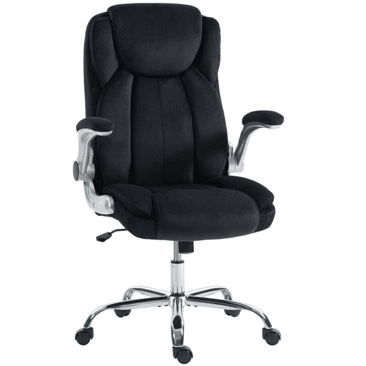 HOMCOM Cadeira de Escritório Apoios de Braços Rebatíveis Assento com Molas Altura Ajustável Função Basculante e Estofada em Veludo 68x69x118 cm Preto