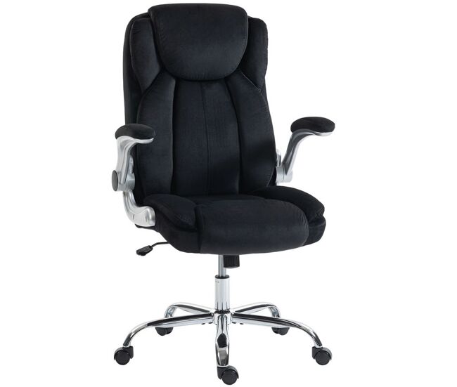 Homcom silla de escritorio ergonómica, silla de oficina con respaldo alto, reposabrazos abatibles, asiento con muelles, altura ajustable, función basculante, tapizado en terciopelo, negro