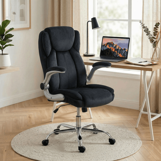 HOMCOM Cadeira de Escritório Apoios de Braços Rebatíveis Assento com Molas Altura Ajustável Função Basculante e Estofada em Veludo 68x69x118 cm Preto