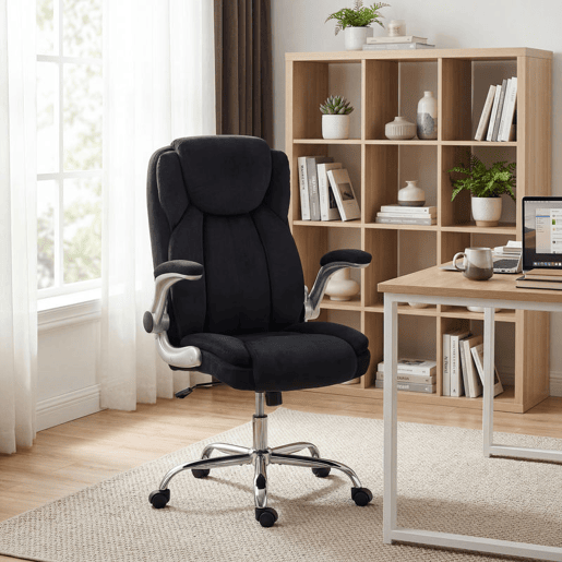 HOMCOM Cadeira de Escritório Apoios de Braços Rebatíveis Assento com Molas Altura Ajustável Função Basculante e Estofada em Veludo 68x69x118 cm Preto