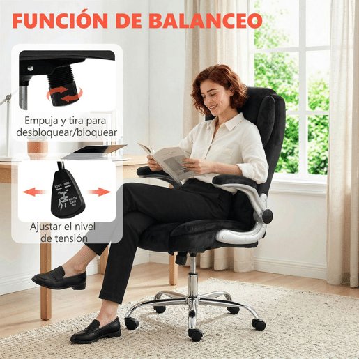 HOMCOM Cadeira de Escritório Apoios de Braços Rebatíveis Assento com Molas Altura Ajustável Função Basculante e Estofada em Veludo 68x69x118 cm Preto
