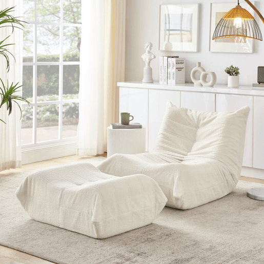 Pufe com encosto e apoio para os pés - Pufe de pelúcia, confortável para sala de estar e quarto - Bege