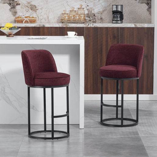 Banco de bar 2 unidades - moderno, acolchoado, pernas metálicas pretas - vermelho vinho