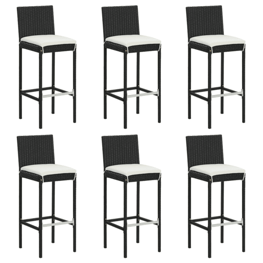 Conjunto de 6 banquetas de bar para uso externo ou interno com almofadas creme estrutura em vime de resina preta DEC029585