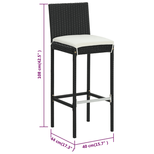 Conjunto de 6 banquetas de bar para uso externo ou interno com almofadas creme estrutura em vime de resina preta DEC029585