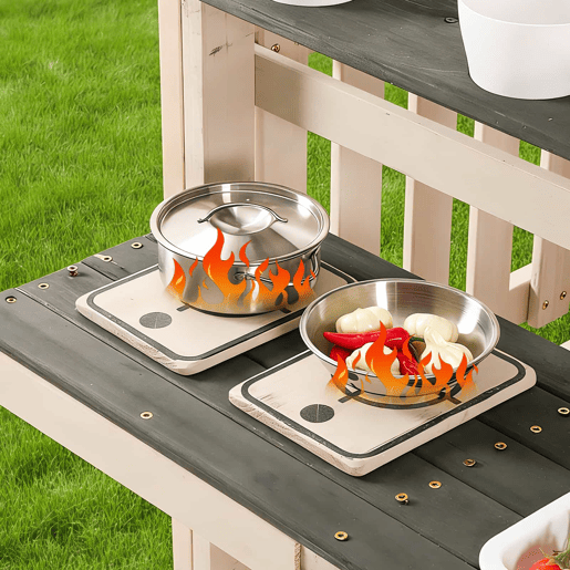 Cozinha infantil de barro em madeira para exterior u2013 com torneira de água a funcionar, casinha de brincar em madeira para jardim, brinquedos infantis, presente para maiores de 3 anos u2013 Cinza+Beige