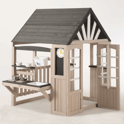 Cozinha infantil de barro em madeira para exterior u2013 com torneira de água a funcionar, casinha de brincar em madeira para jardim, brinquedos infantis, presente para maiores de 3 anos u2013 Cinza+Beige
