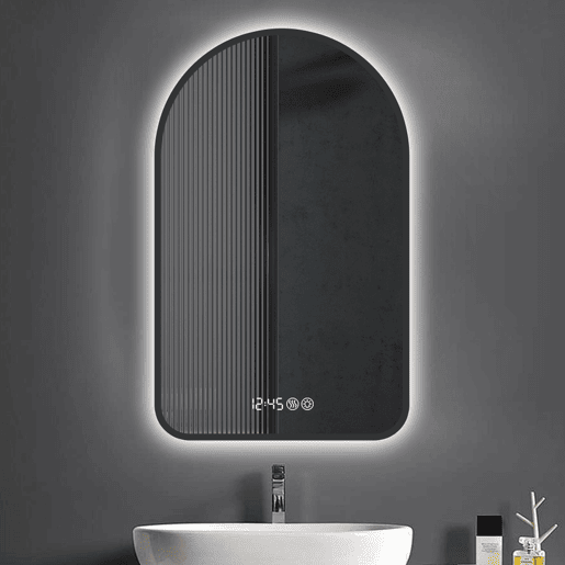 Espelho LED arqueado 70x120cm - Retroiluminado, Anti-embaciamento, Regulável, Ecrã horatemperatura - PretoPrateado