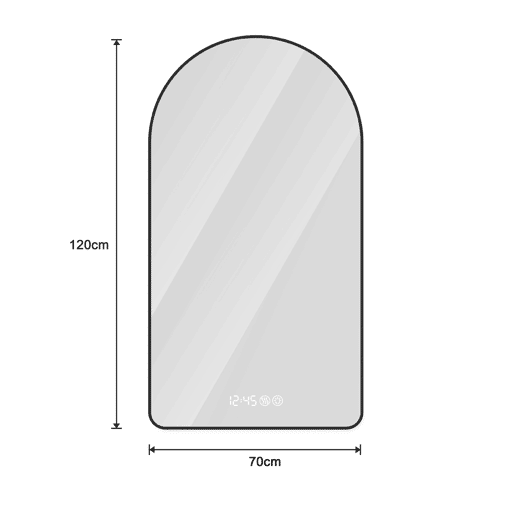 Espelho LED arqueado 70x120cm - Retroiluminado, Anti-embaciamento, Regulável, Ecrã horatemperatura - PretoPrateado