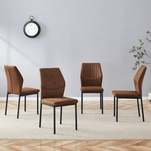 Conjunto de 4 cadeiras de jantar estilo leve-luxuoso - Encosto castanho em tecido técnico com padrão vertical + pernas em metal preto