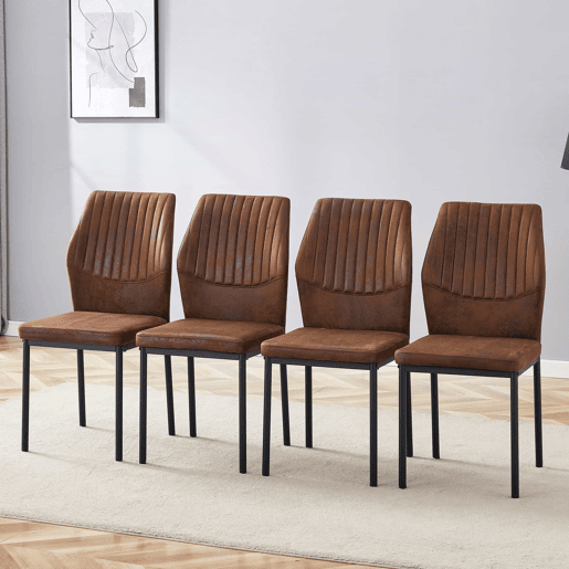 Conjunto de 4 cadeiras de jantar estilo leve-luxuoso - Encosto castanho em tecido técnico com padrão vertical + pernas em metal preto