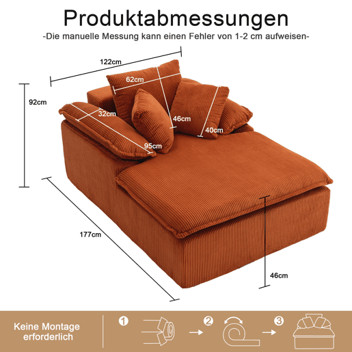 Sofá reclinável 46 cm - design interior, sem estrutura, braços largos, sem instalação - Laranja