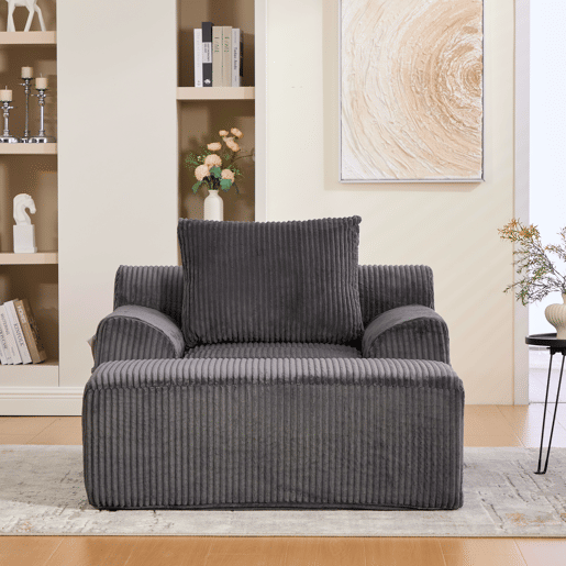 Poltrona grande - com apoio para os pés, bolsos laterais e almofada, estofada em veludo - Cinza escuro
