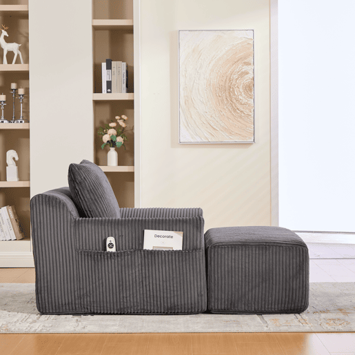 Poltrona grande - com apoio para os pés, bolsos laterais e almofada, estofada em veludo - Cinza escuro