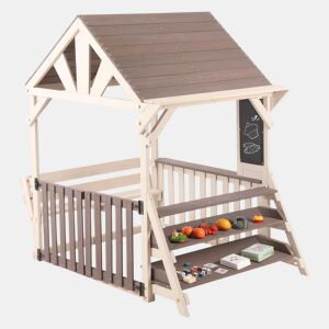 Cozinha infantil de exterior em madeira com formato de casinha - com telhado impermeável e grades semifechadas, prateleira multifuncional para plantas e brinquedos, adequada para crianças a partir dos 3 anos - Cinza + Bege