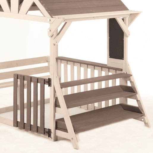 Cozinha infantil de exterior em madeira com formato de casinha - com telhado impermeável e grades semifechadas, prateleira multifuncional para plantas e brinquedos, adequada para crianças a partir dos 3 anos - Cinza + Bege