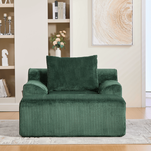 Sofá relax - Veludo canelado, assento profundo, almofada e bolsos laterais - Verde esmeralda