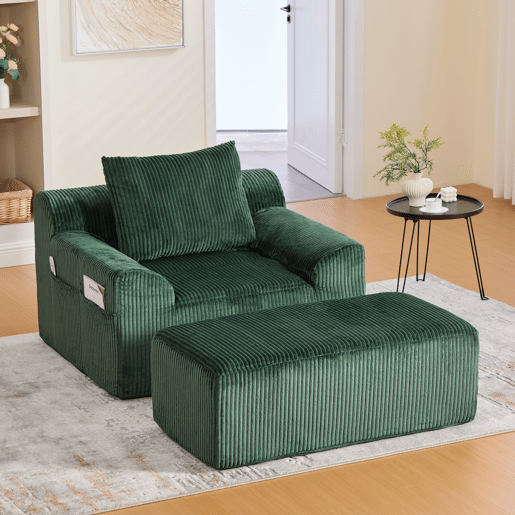 Sofá relax - Veludo canelado, assento profundo, almofada e bolsos laterais - Verde esmeralda