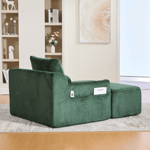 Sofá relax - Veludo canelado, assento profundo, almofada e bolsos laterais - Verde esmeralda