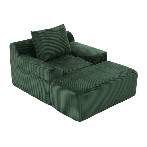 Sofá relax - Veludo canelado, assento profundo, almofada e bolsos laterais - Verde esmeralda