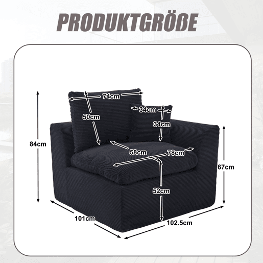 Sofá individual de 1 lugar - Minimalista, confortável, com almofada - Preto