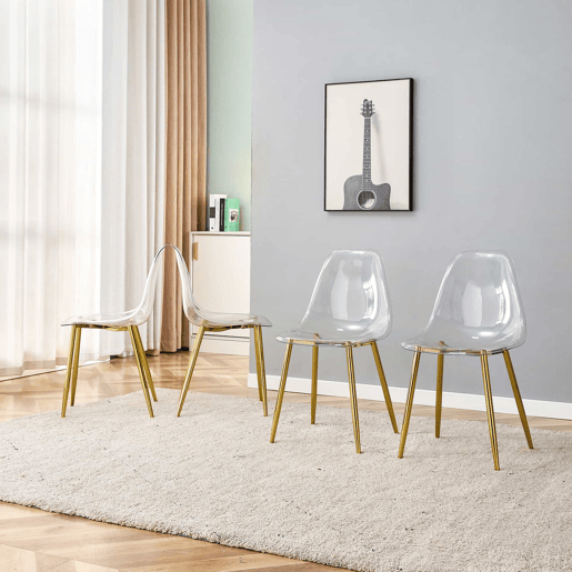 4 cadeiras de sala de jantar - transparentes com pernas metálicas douradas, estáveis e antiderrapantes - dourado e transparente