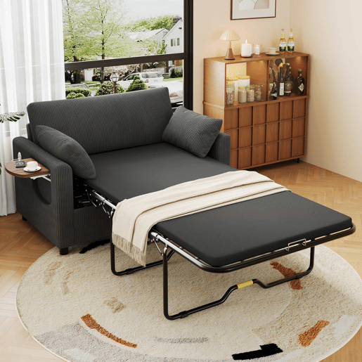 Sofá-cama de 2 lugares - com porta USB, mesa lateral dobrável e acessórios - cinzento
