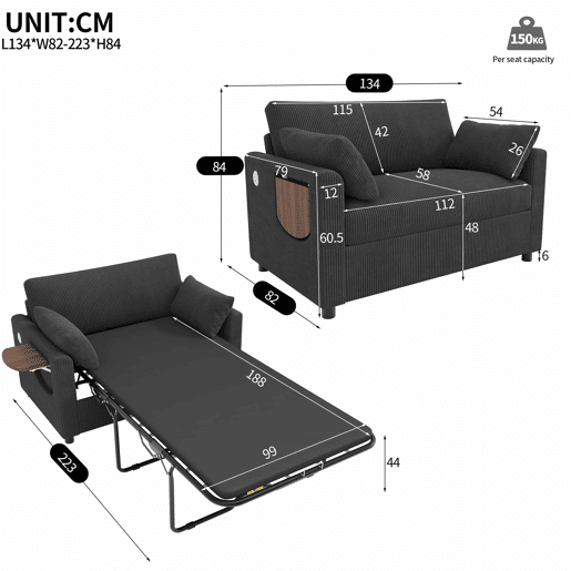 Sofá-cama de 2 lugares - com porta USB, mesa lateral dobrável e acessórios - cinzento