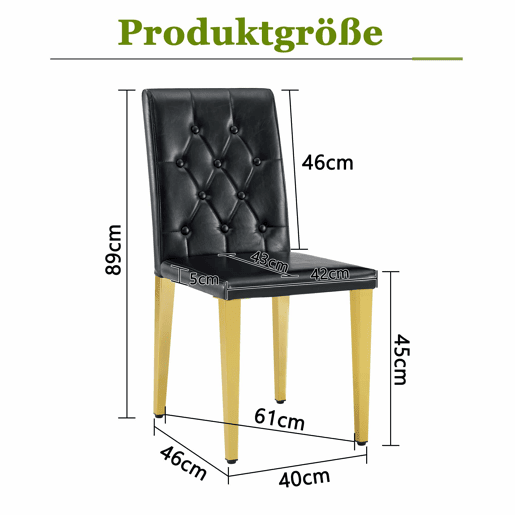 Conjunto de 4 cadeiras de jantar - Design elegante com pernas metálicas douradas - Preto e dourado