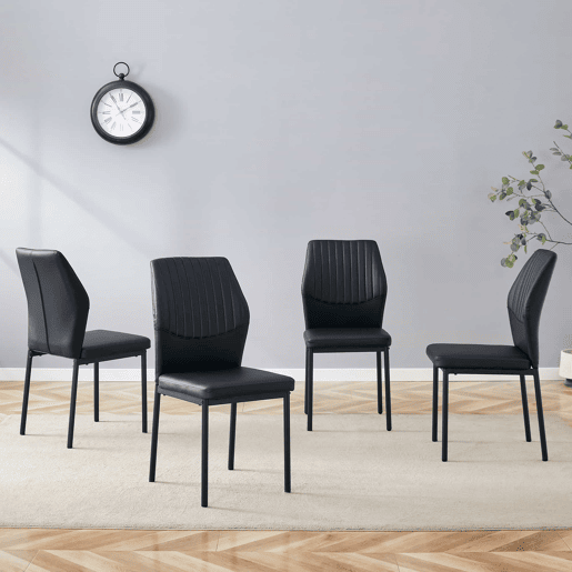Conjunto de 4 cadeiras para sala de jantar - Encosto em PU preto com padrão vertical + pernas metálicas pretas - Cor preta