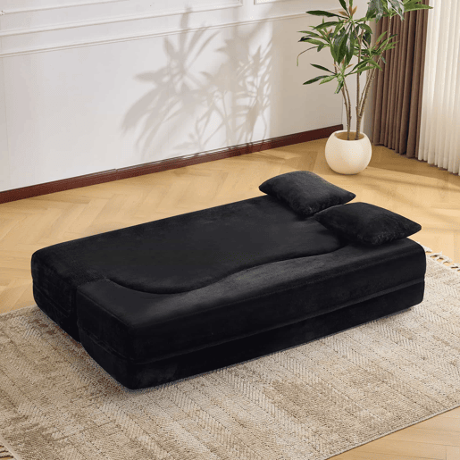 Sofá-cama futon de 2 lugares - dobrável, sem montagem, compactado, multifuncional para colocar no chão - preto