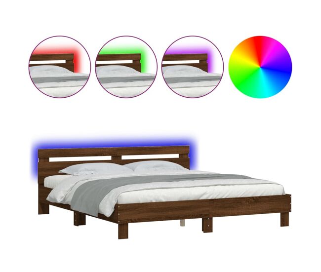 Estructura de cama matrimonial moderno con cabecero y luces led marrón roble 160x200 cm