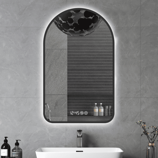 Espelho LED arqueado 60x120 cm - Anti-embaciamento, regulável, três temperaturas, relógio e temperatura - PretoPrateado