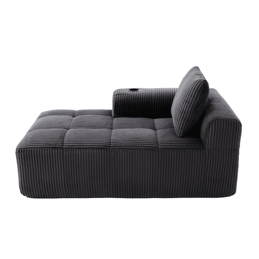 Poltrona de descanso em veludo cotelê - Sem montagem, com almofadas, bolsa lateral e porta-copos - Cinza