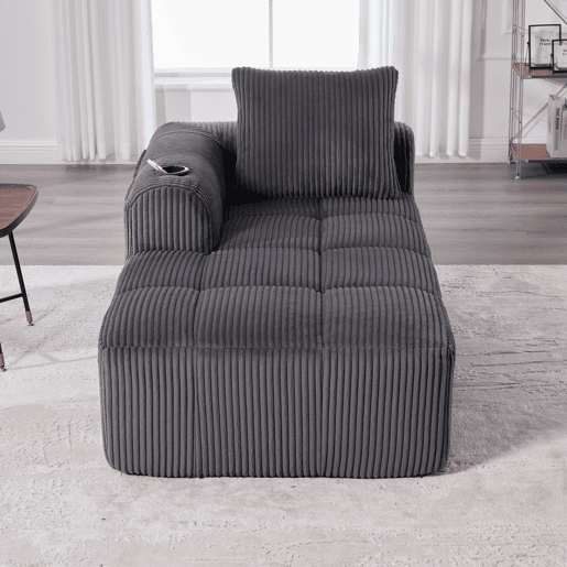 Poltrona de descanso em veludo cotelê - Sem montagem, com almofadas, bolsa lateral e porta-copos - Cinza