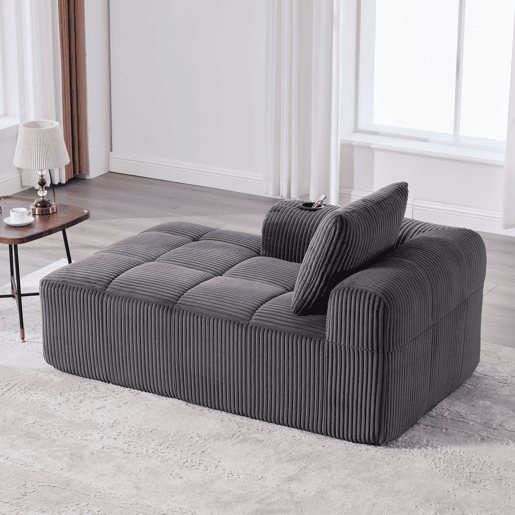 Poltrona de descanso em veludo cotelê - Sem montagem, com almofadas, bolsa lateral e porta-copos - Cinza